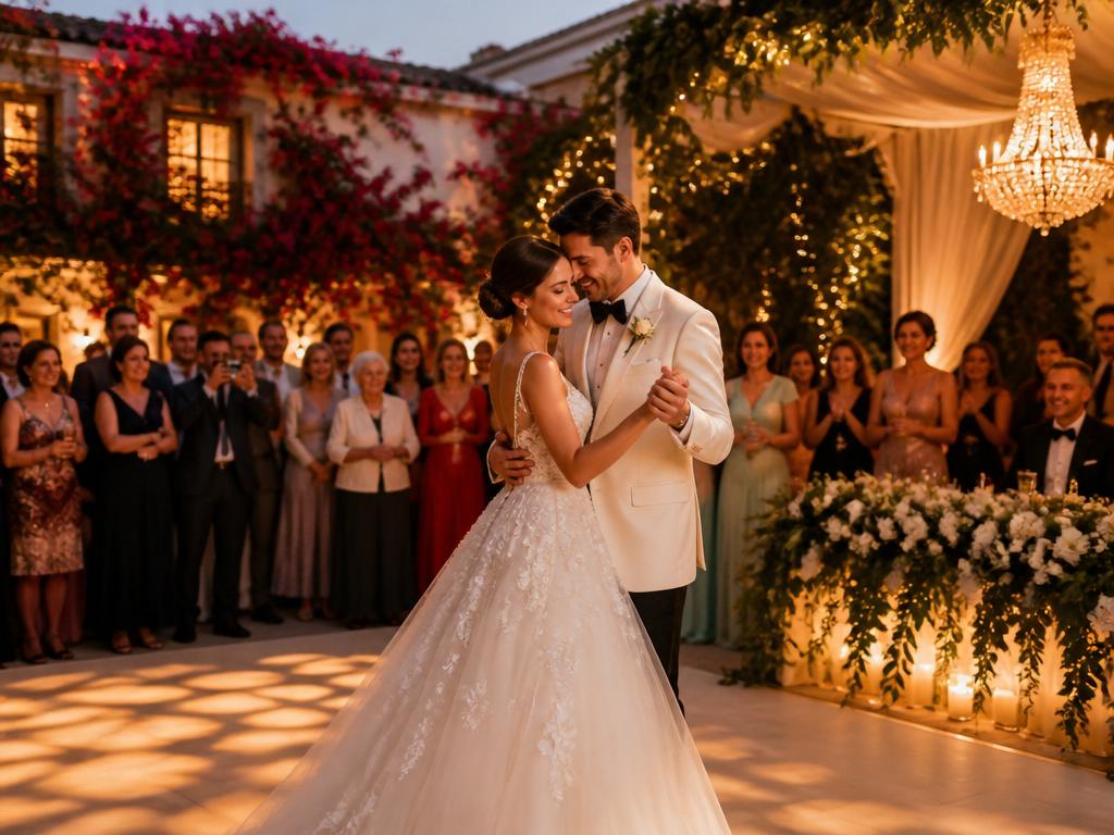 Casamento romântico ao pôr do sol com o primeiro baile dos noivos